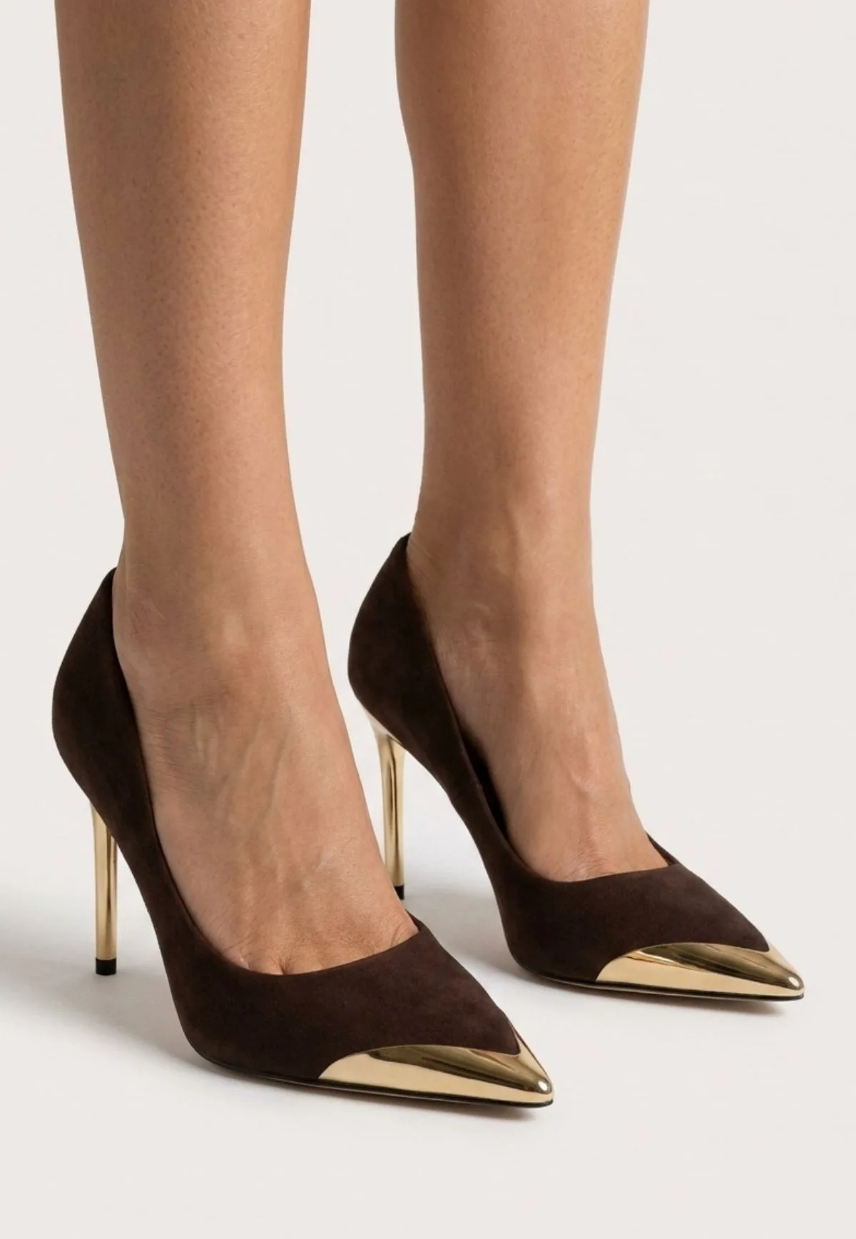 Alis Kahverengi Saten Stiletto Ayakkabı Gold Topuklu 10 cm