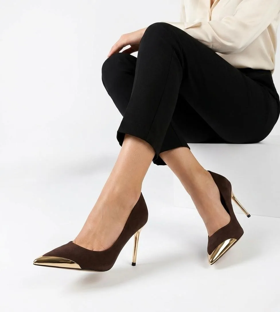 Alis Kahverengi Saten Stiletto Ayakkabı Gold Topuklu 10 cm