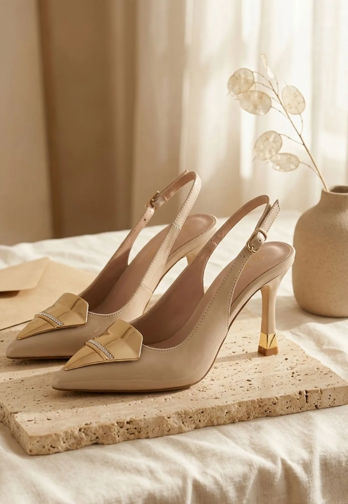 Bonwe Bej Rugan Topuklu Ayakkabı Sivri Burun Slingback