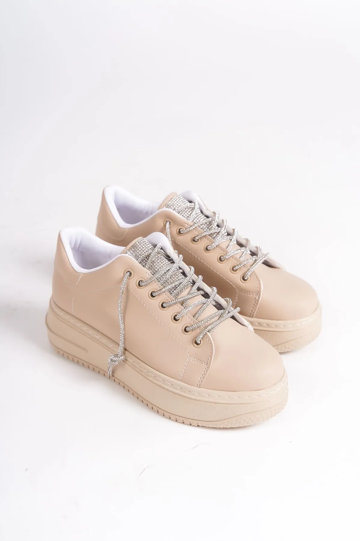 DELLA Bağcıklı Ortopedik Taban Taşlı Kadın Sneaker - Ten