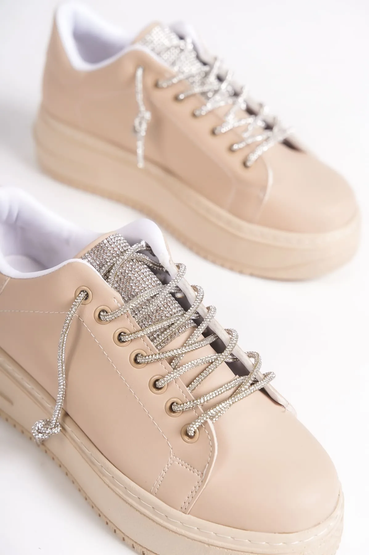 DELLA Bağcıklı Ortopedik Taban Taşlı Kadın Sneaker - Ten