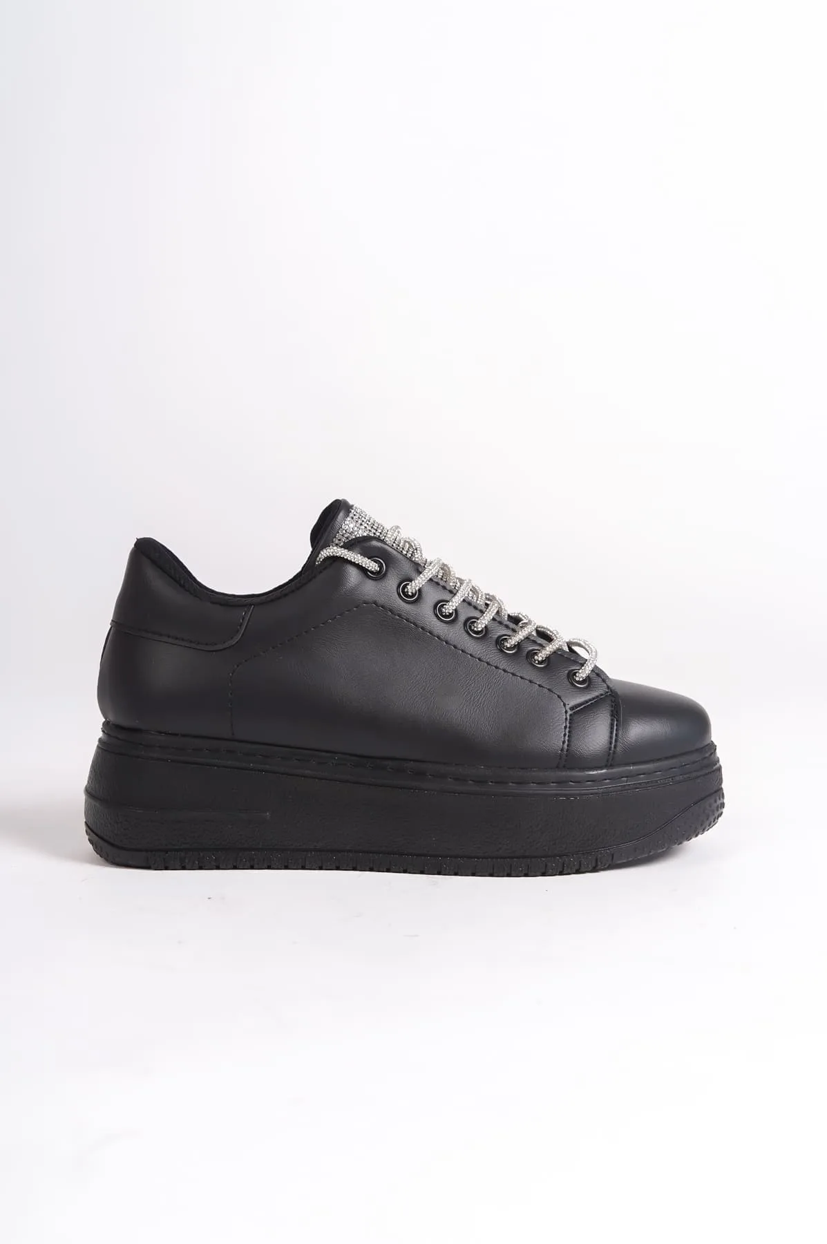 DELLA Bağcıklı Ortopedik Taban Taşlı Siyah Kadın Sneaker