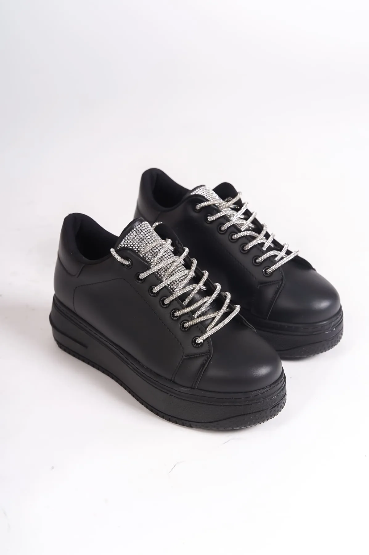 DELLA Bağcıklı Ortopedik Taban Taşlı Siyah Kadın Sneaker
