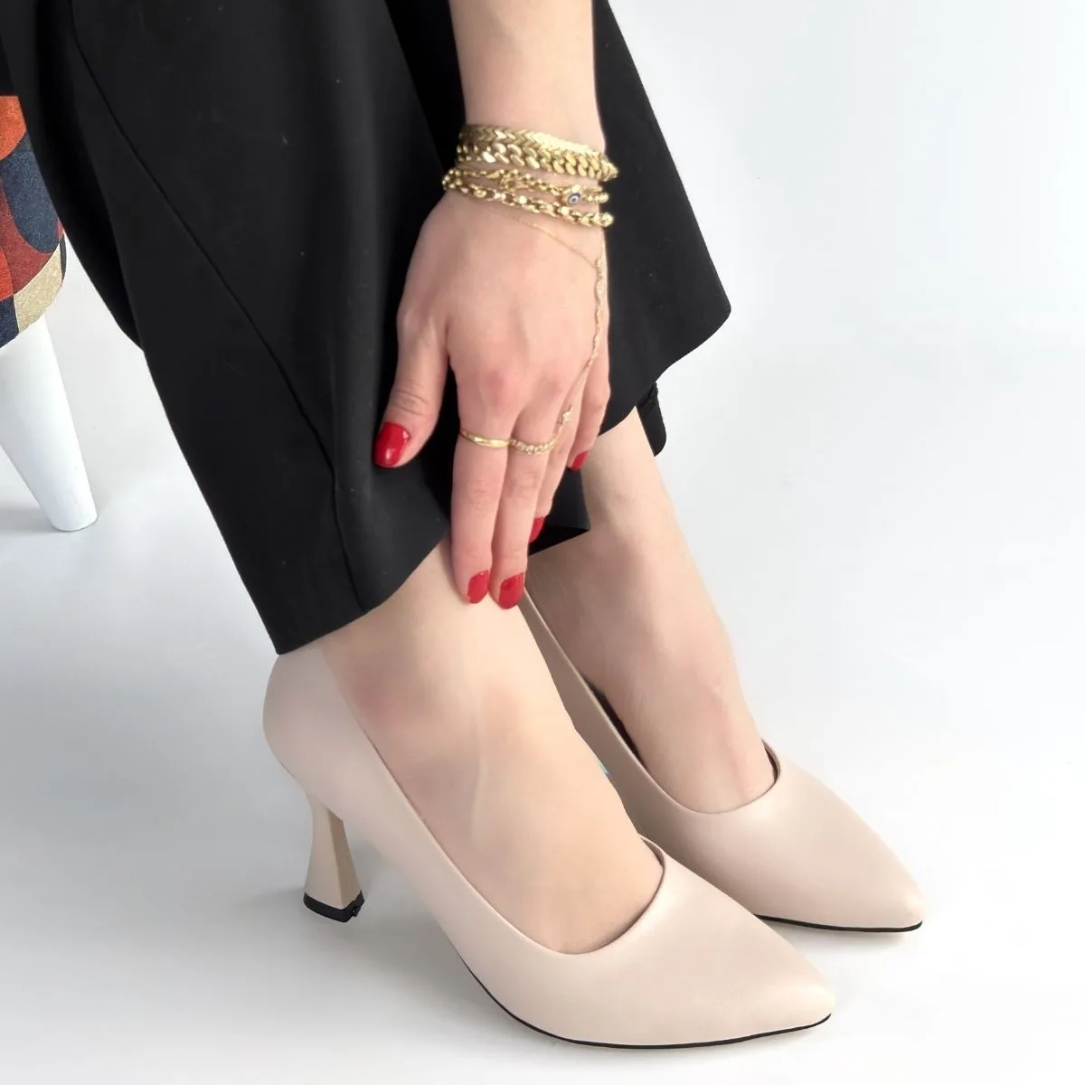 Erbilden Ulba Bej Cilt Stiletto Ayakkabı 8 cm Topuklu Tam Kalıp