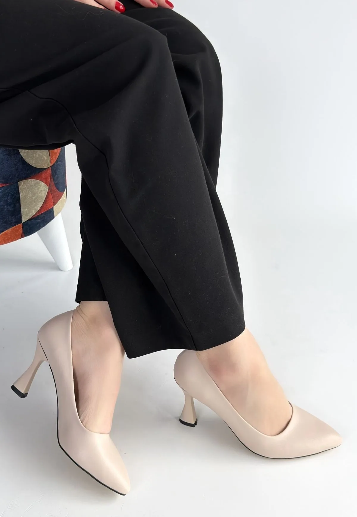 Erbilden Ulba Bej Cilt Stiletto Ayakkabı 8 cm Topuklu Tam Kalıp