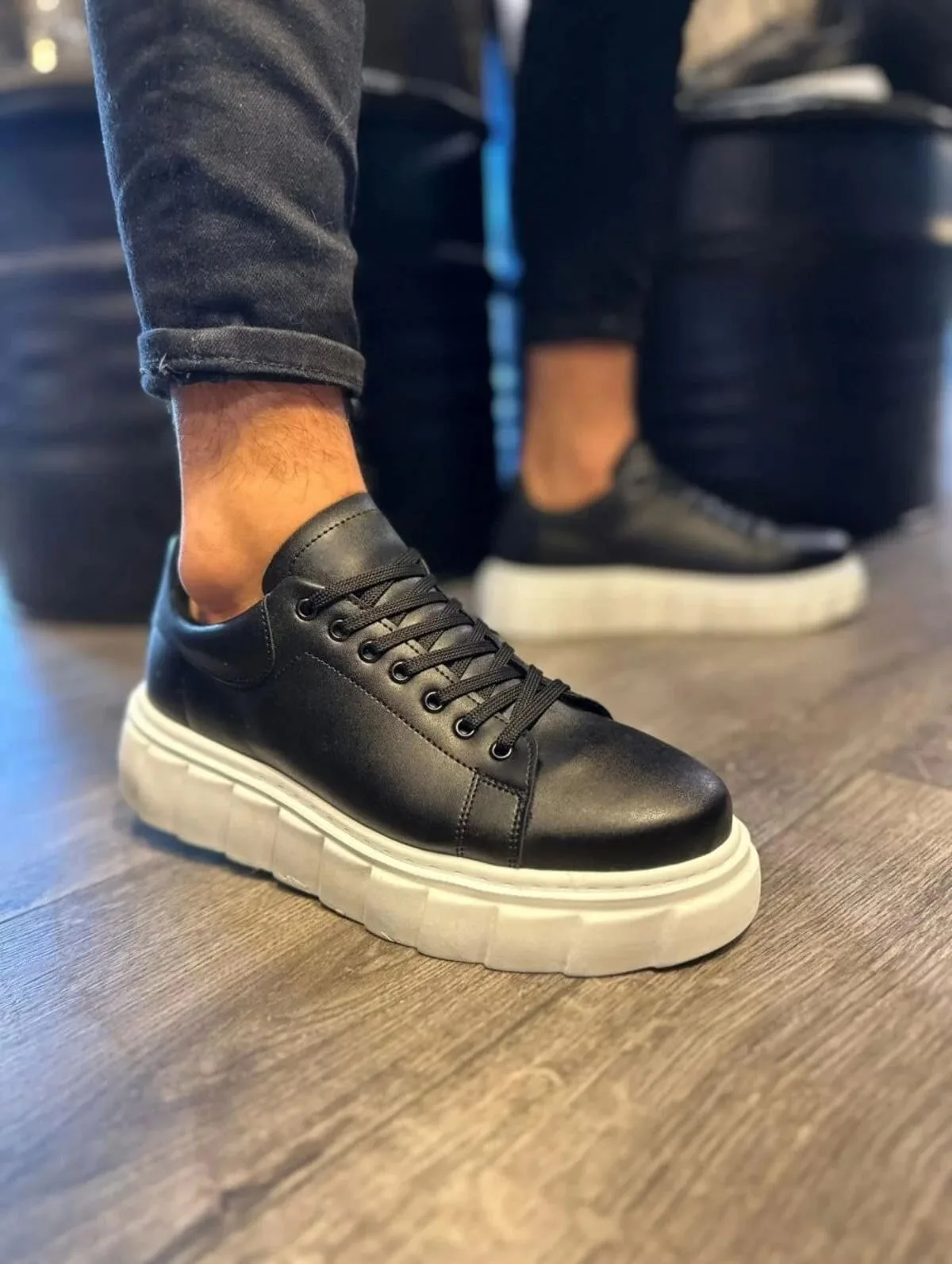 Joy Ayakkabı JY144 Volt Erkek Bağcıklı Cilt Günlük Sneaker Yüksek Taban Siyah
