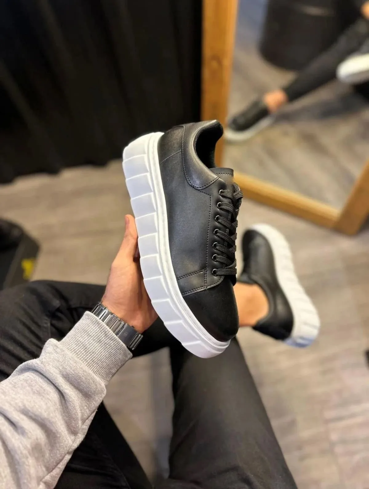 Joy Ayakkabı JY144 Volt Erkek Bağcıklı Cilt Günlük Sneaker Yüksek Taban Siyah