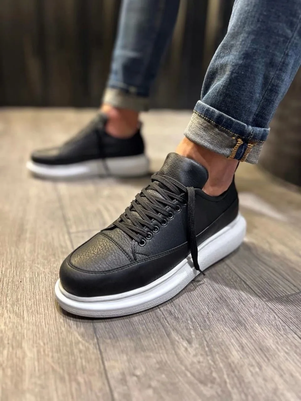 Joy Drake JY914 Bağcıklı Cilt Erkek Günlük Sneaker Ayakkabı Siyah