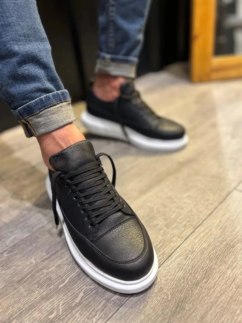 Joy Drake JY914 Bağcıklı Cilt Erkek Günlük Sneaker Ayakkabı Siyah