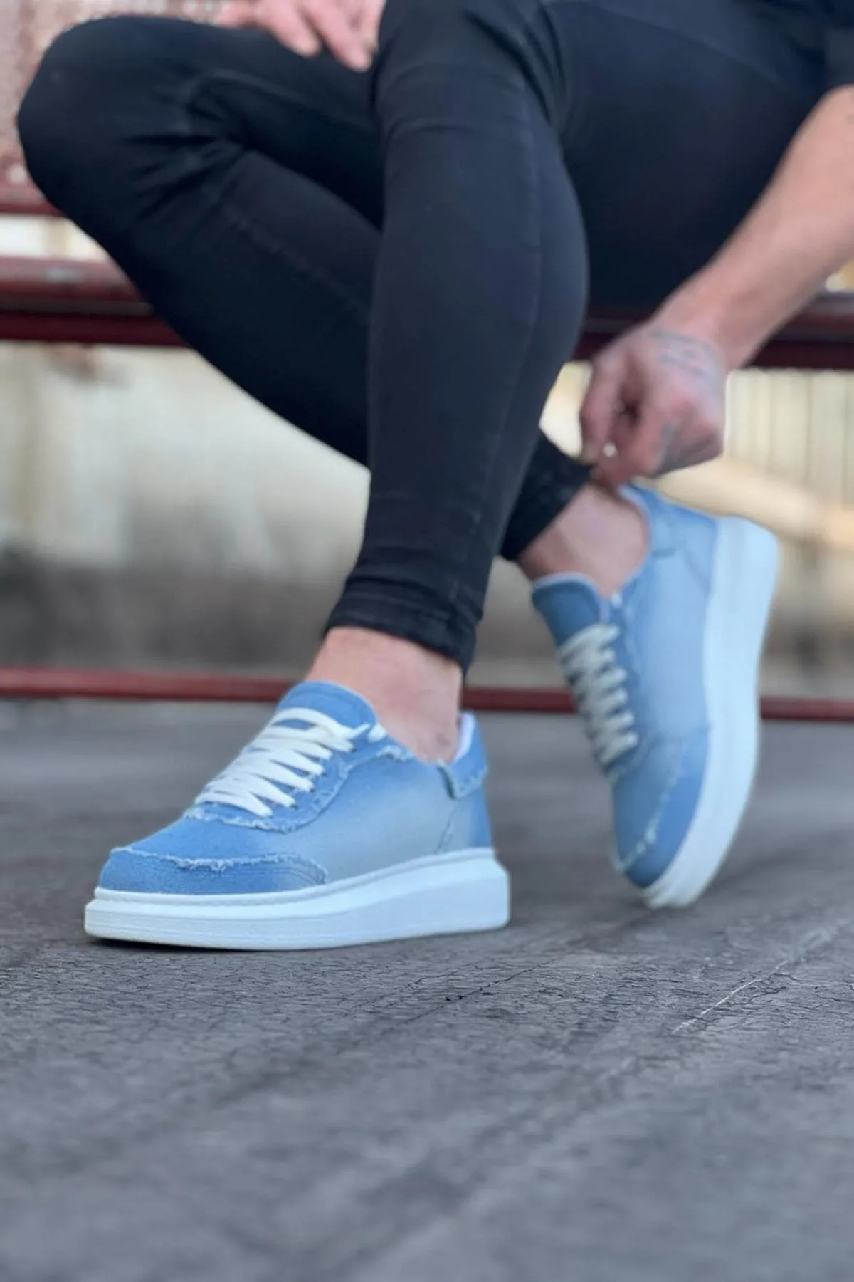 Joy Man Dexo JY018 Erkek Bağcıklı Kot Kumaş Spor Sneaker Mavi