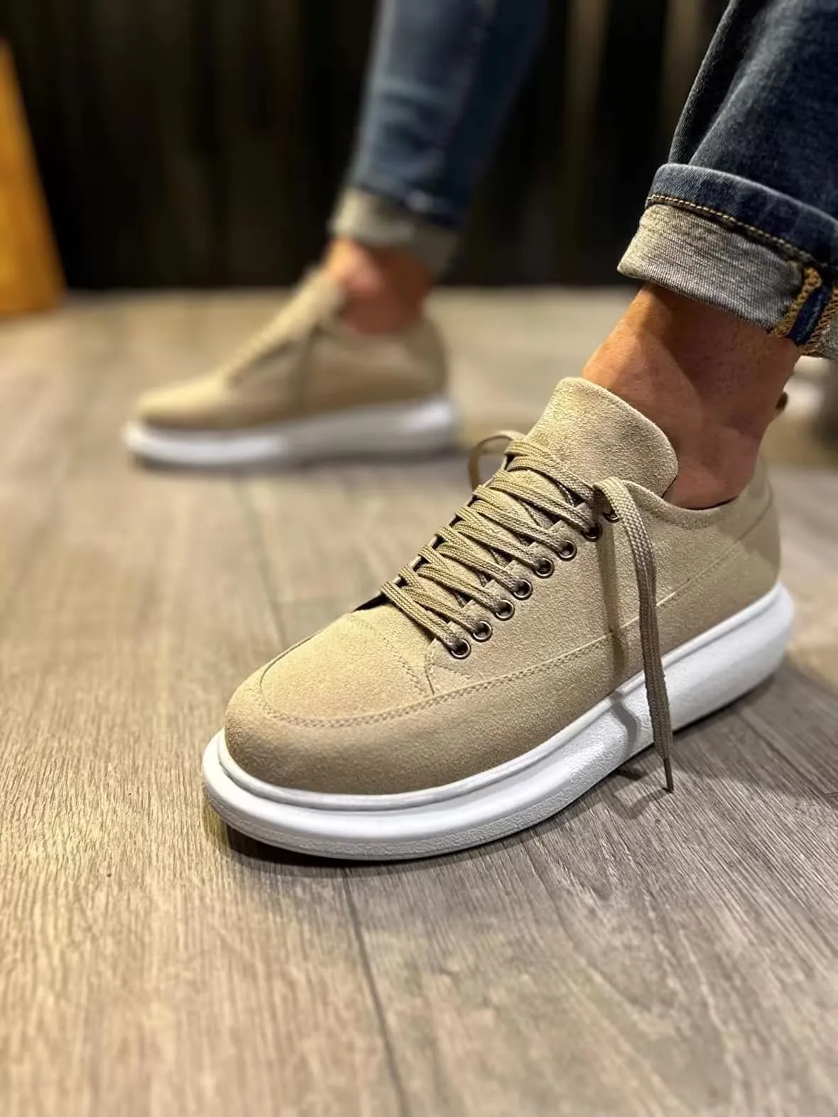 Joy Man Drake Bağcıklı Süet Erkek Sneaker Ayakkabı Krem