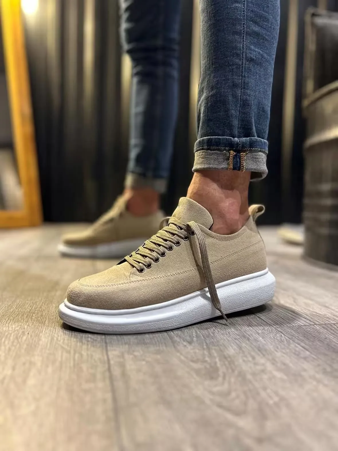 Joy Man Drake Bağcıklı Süet Erkek Sneaker Ayakkabı Krem