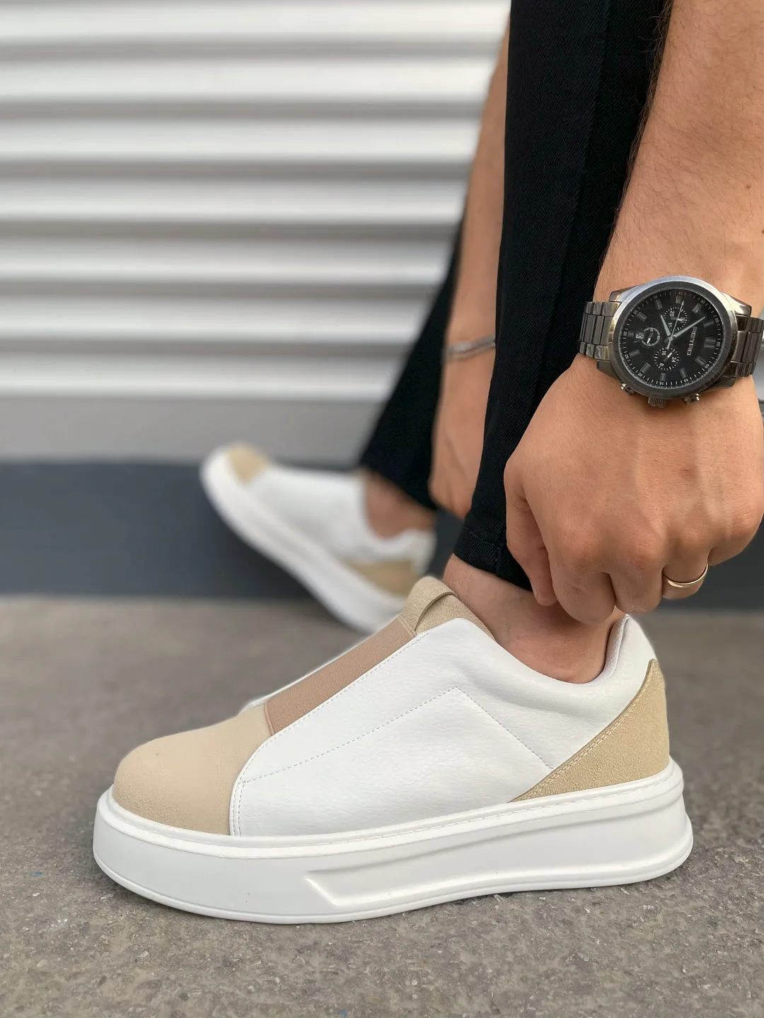 Joy Man JY007 Alba Bağcıksız Süet Cilt Erkek Sneaker Ayakkabı Bej Beyaz