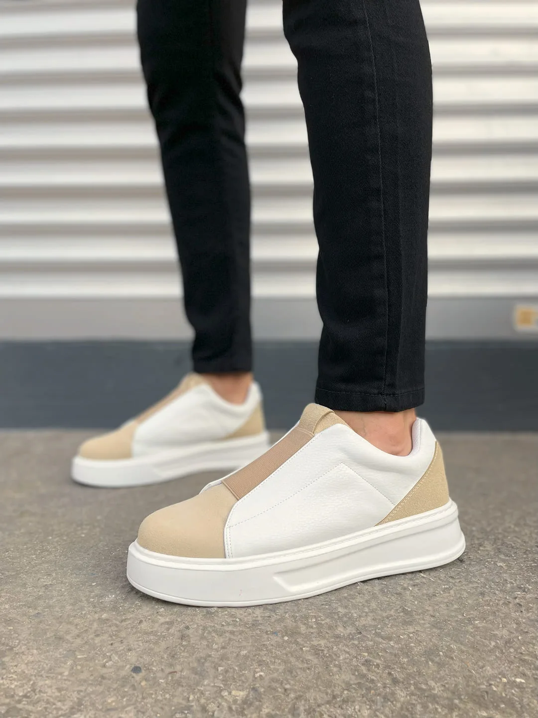 Joy Man JY007 Alba Bağcıksız Süet Cilt Erkek Sneaker Ayakkabı Bej Beyaz