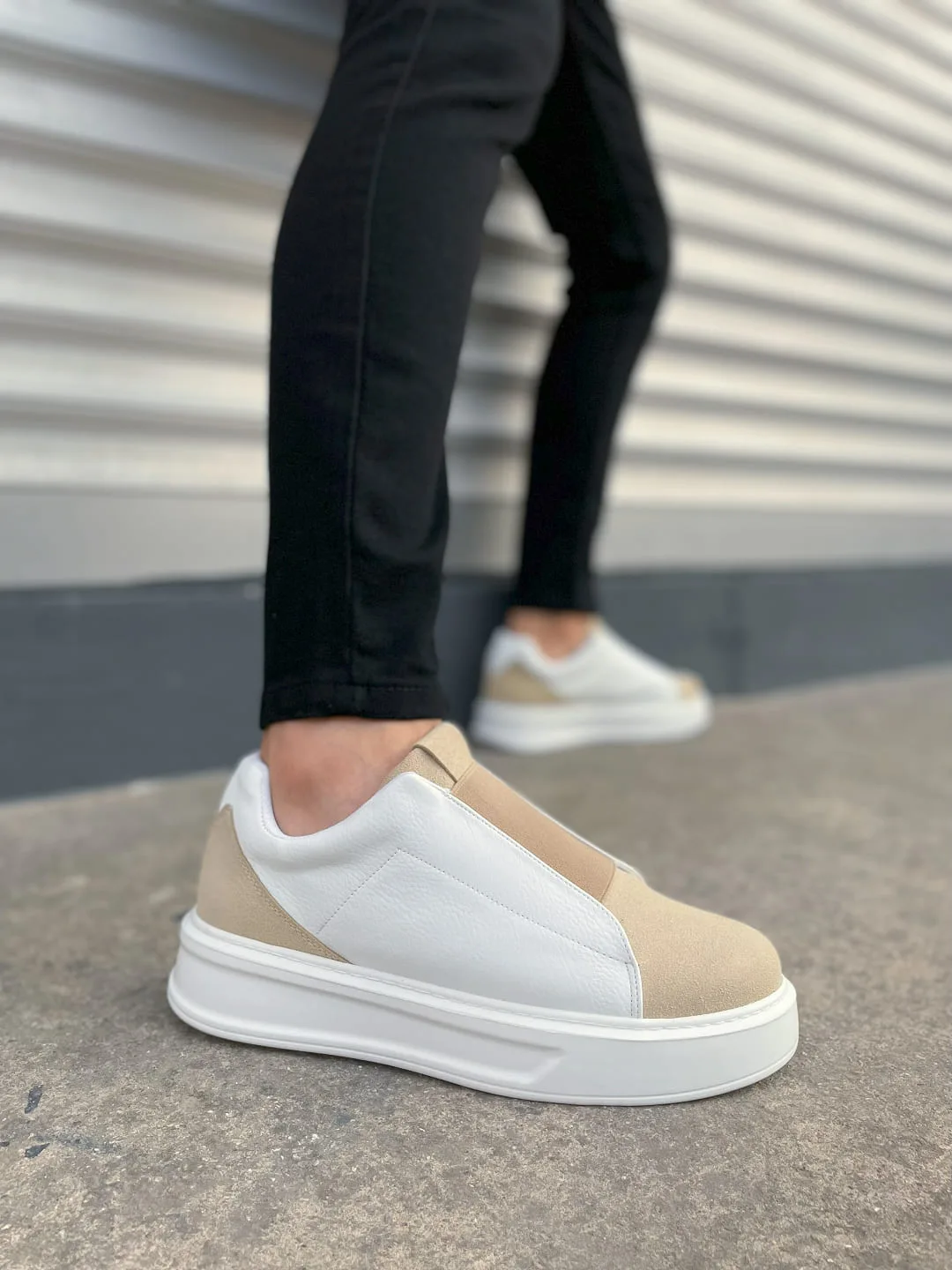 Joy Man JY007 Alba Bağcıksız Süet Cilt Erkek Sneaker Ayakkabı Bej Beyaz
