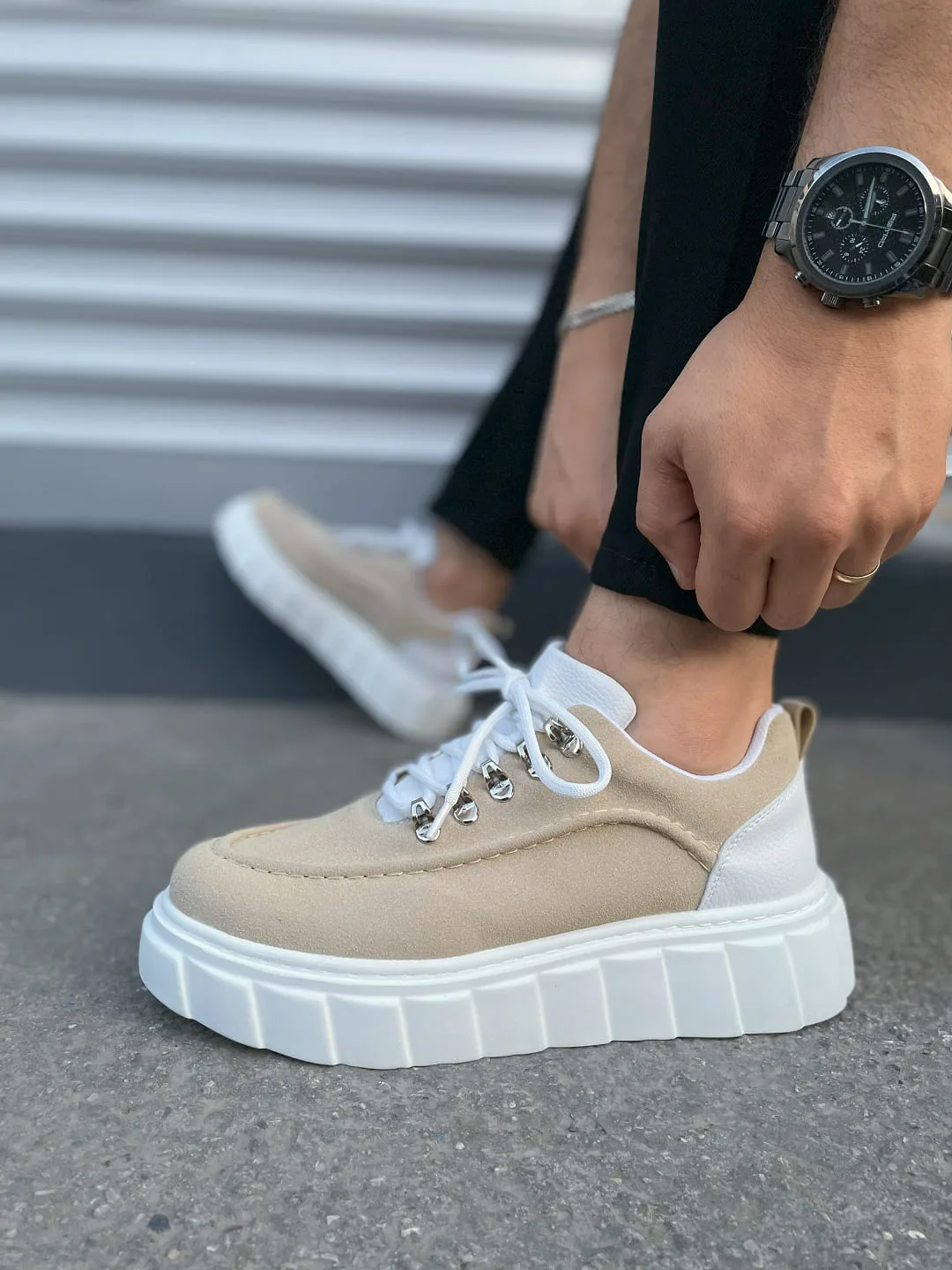 Joy Man JY010 Cloud Bağcıklı Süet Erkek Sneaker Ayakkabı Krem Beyaz