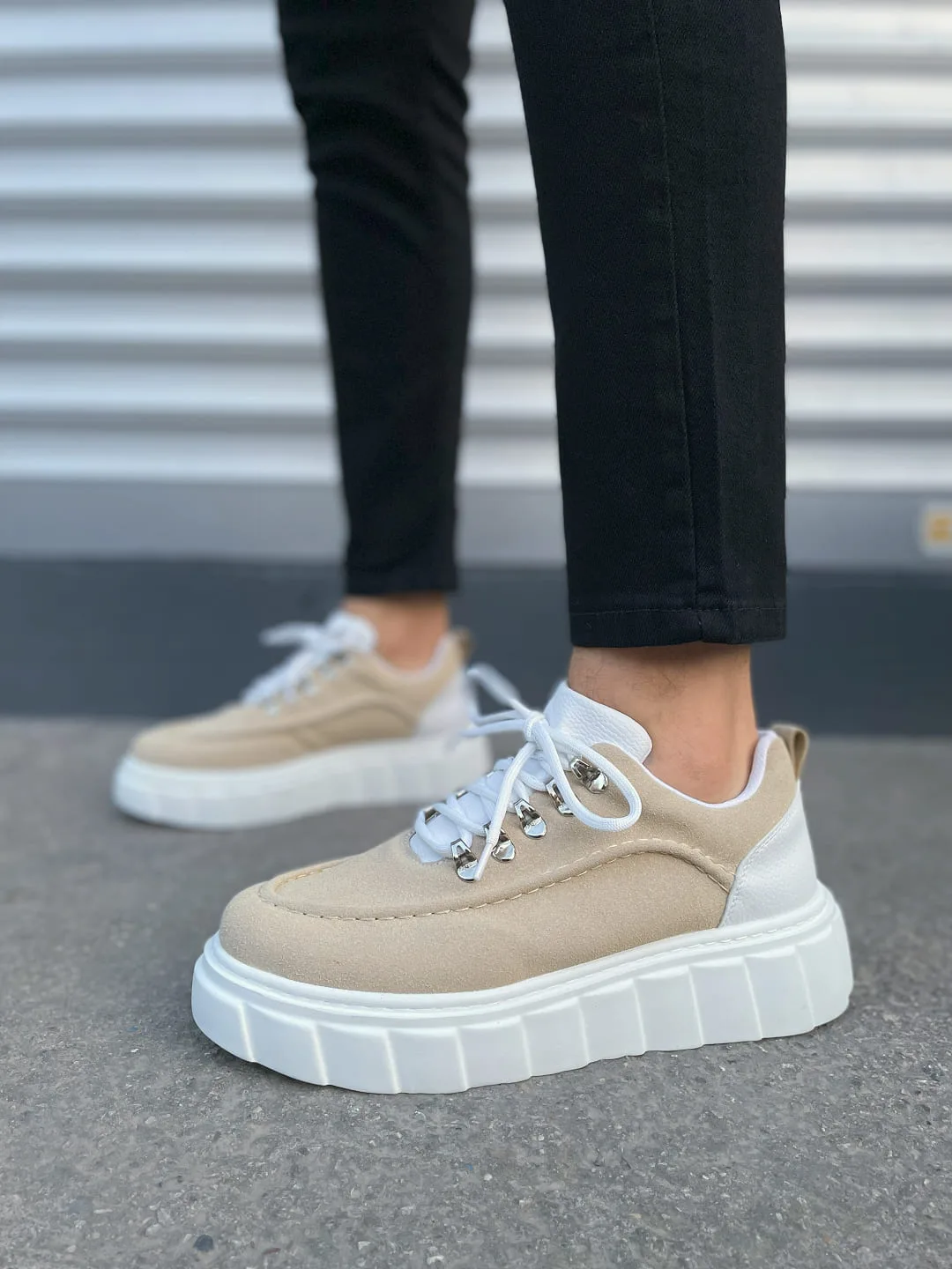 Joy Man JY010 Cloud Bağcıklı Süet Erkek Sneaker Ayakkabı Krem Beyaz