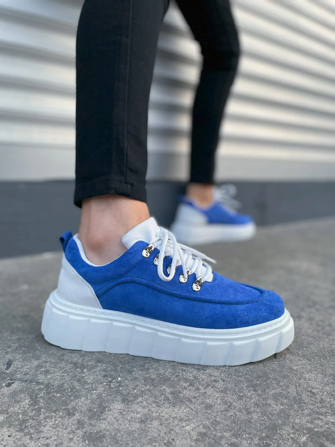 Joy Man JY010 Cloud Bağcıklı Süet Erkek Sneaker Ayakkabı Mavi Beyaz Ortopedik Taban