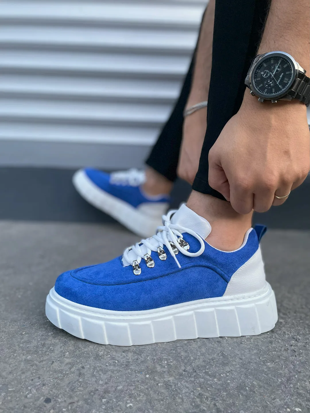 Joy Man JY010 Cloud Bağcıklı Süet Erkek Sneaker Ayakkabı Mavi Beyaz Ortopedik Taban