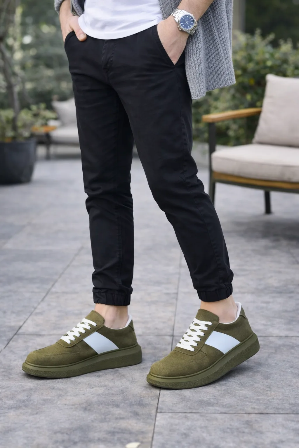 Joy Man JY011 Line Erkek Bağcıklı Süet Sneaker Haki Beyaz