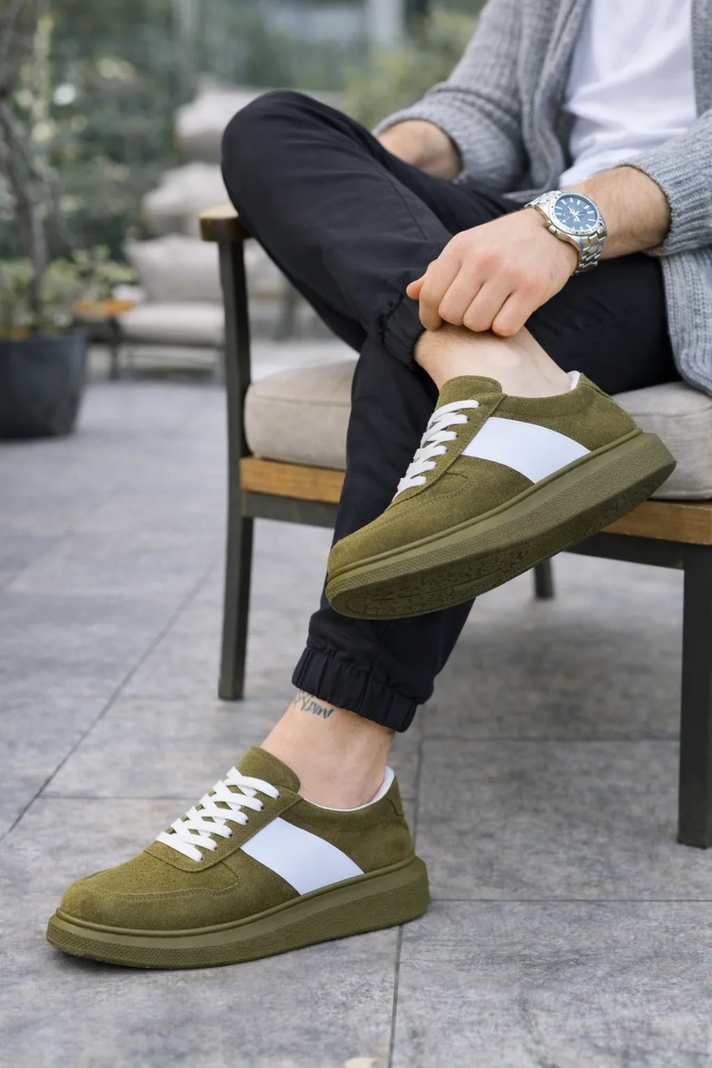 Joy Man JY011 Line Erkek Bağcıklı Süet Sneaker Haki Beyaz