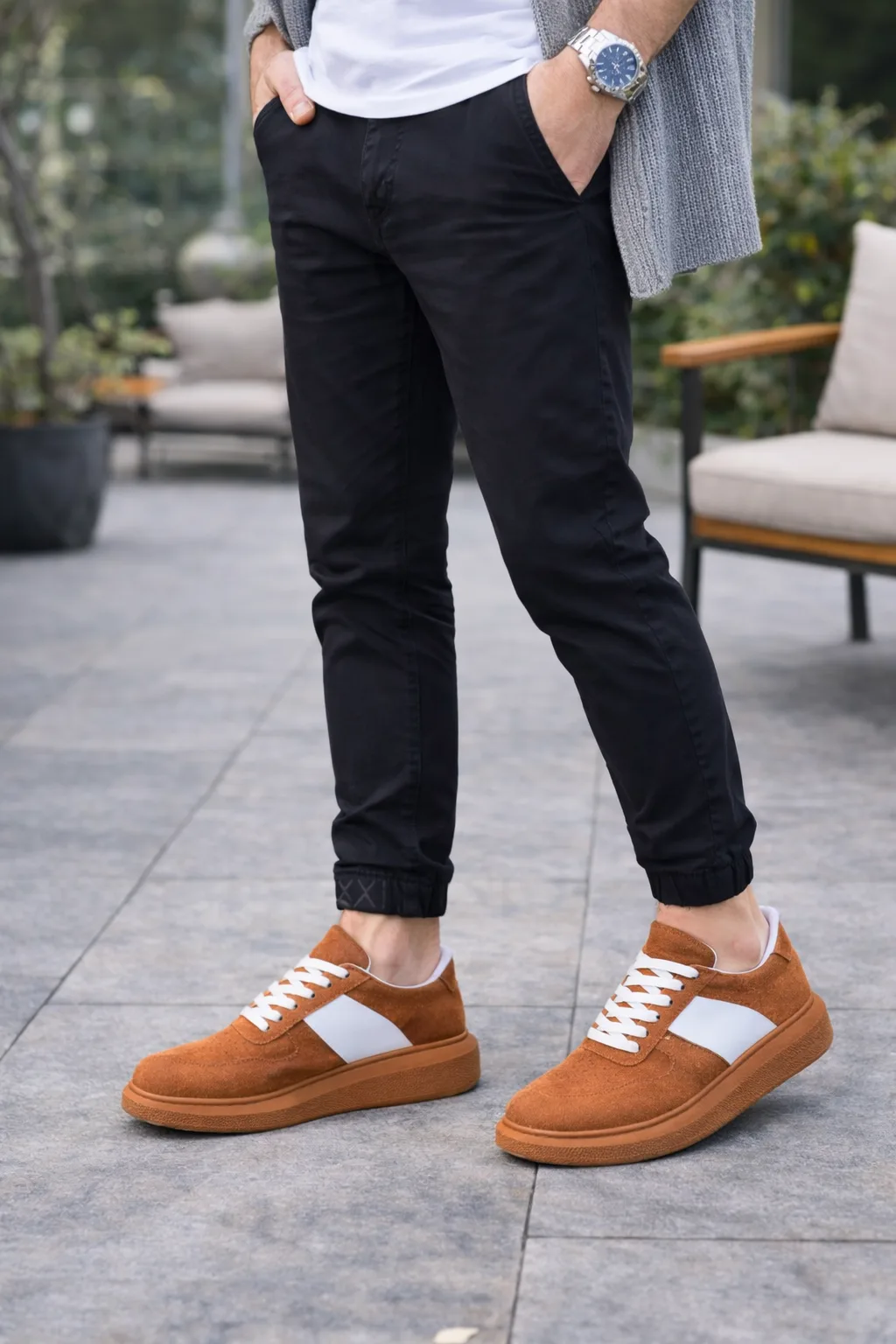 Joy Man JY011 Line Erkek Günlük Bağcıklı Süet Sneaker Ayakkabı Taba Beyaz