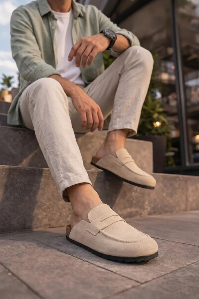 Joy Man JY0456 Rayn Bağcıksız Hakiki Süet Deri Erkek Günlük Mantar Taban Loafer Krem