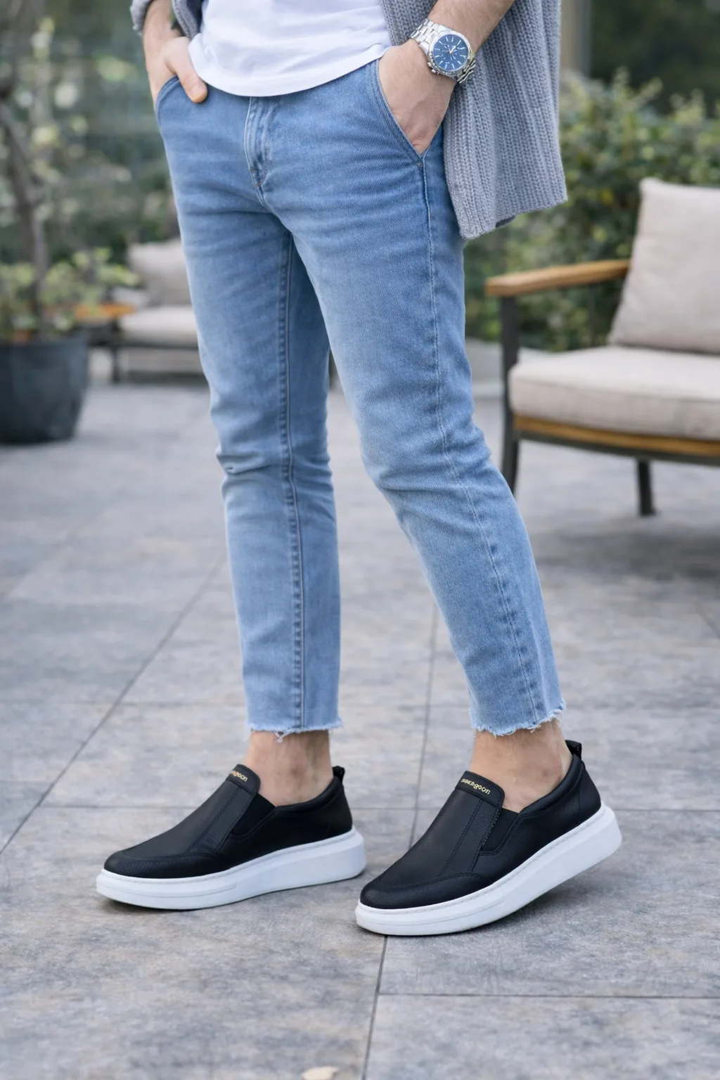 Joy Man JY049 Ease Bağcıksız Erkek Günlük Cilt Spor Sneaker Ayakkabı Siyah