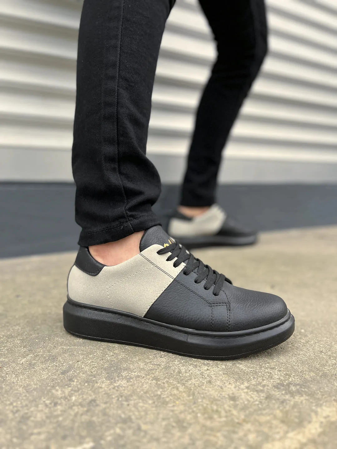 Joy Man JY151 Boost Bağcıklı Cilt Süet Erkek Günlük Sneaker Ayakkabı Siyah Gri