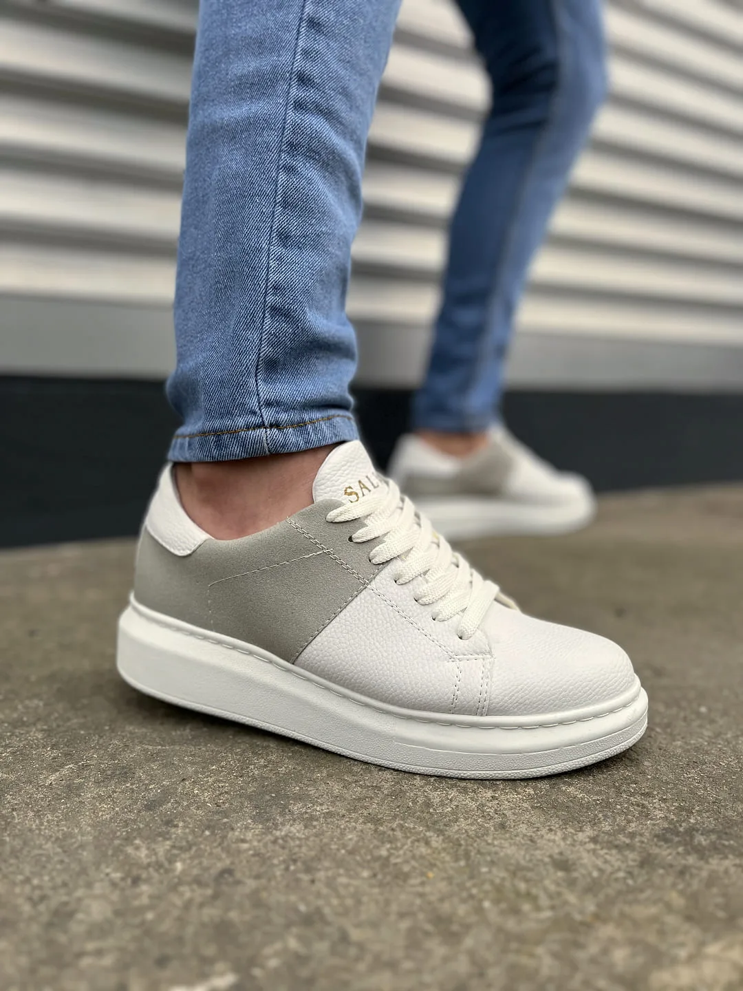 Joy Man JY151 Boost Bağcıklı Cilt Süet Erkek Sneaker Ayakkabı Beyaz Gri