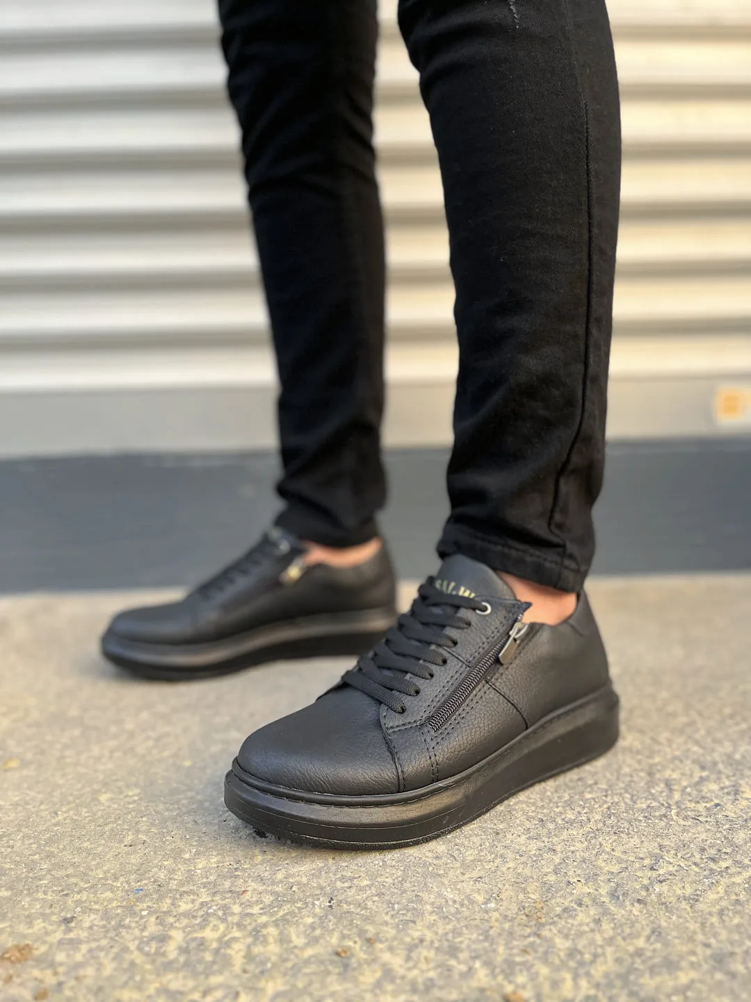 Joy Man JY155 Warrior Bağcıklı Fermuarlı Cilt Erkek Günlük Sneaker Siyah