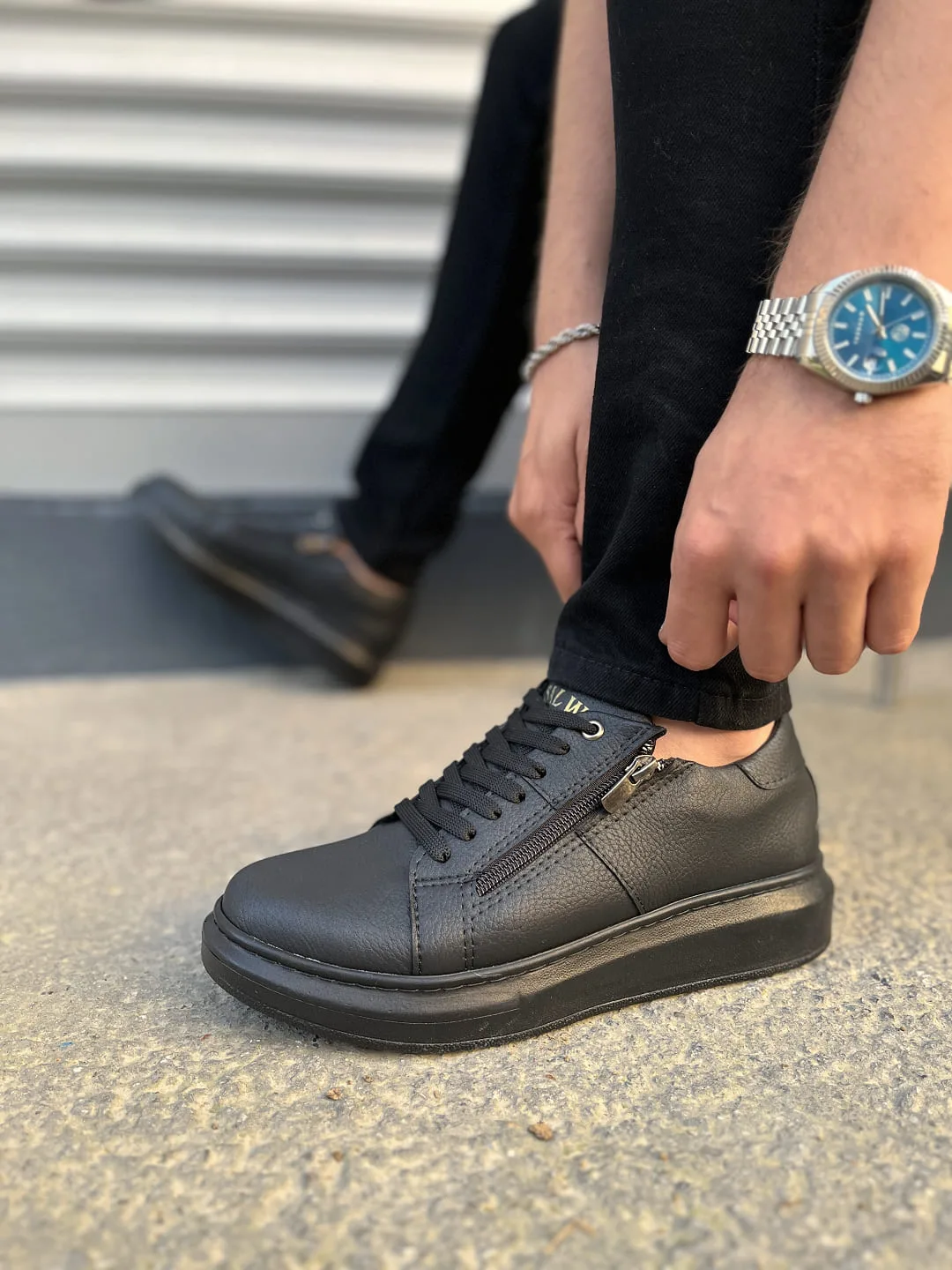 Joy Man JY155 Warrior Bağcıklı Fermuarlı Cilt Erkek Günlük Sneaker Siyah