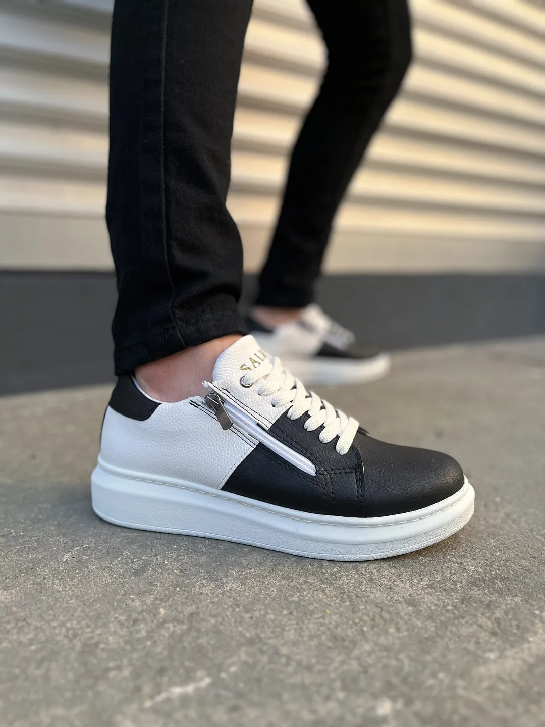 Joy Man JY155 Warrior Bağcıklı Fermuarlı Cilt Erkek Sneaker Ayakkabı Beyaz Siyah