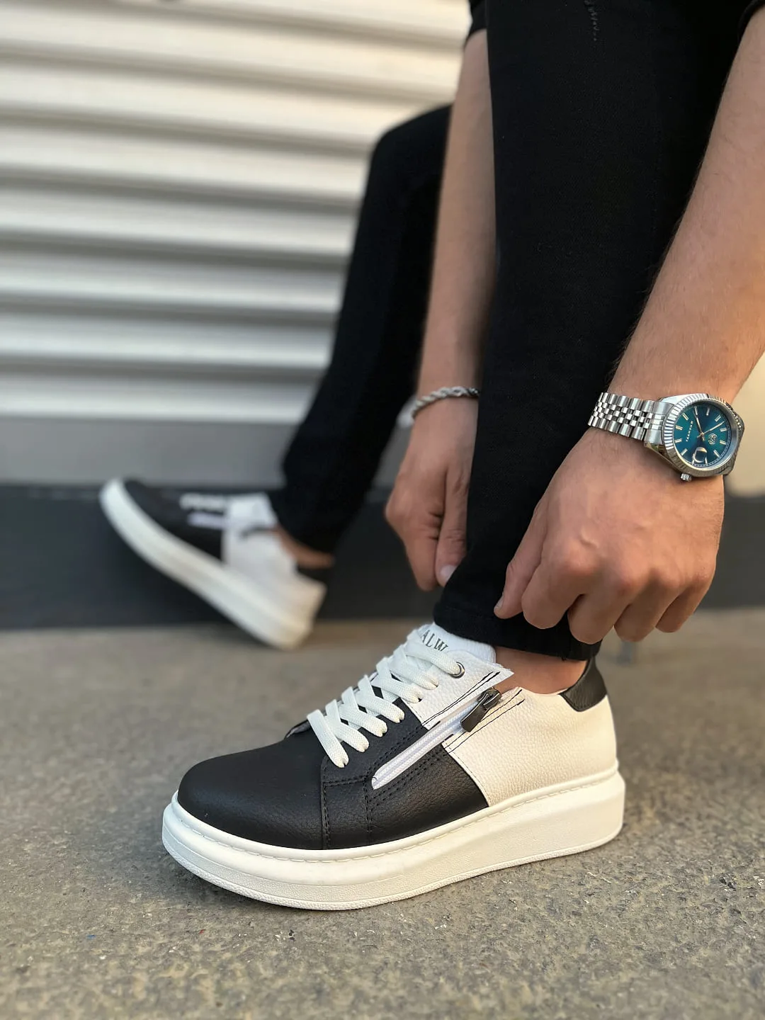Joy Man JY155 Warrior Bağcıklı Fermuarlı Cilt Erkek Sneaker Ayakkabı Beyaz Siyah