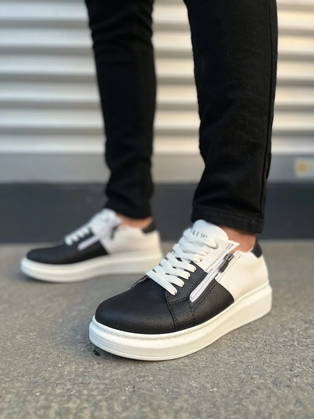 Joy Man JY155 Warrior Bağcıklı Fermuarlı Cilt Erkek Sneaker Ayakkabı Beyaz Siyah