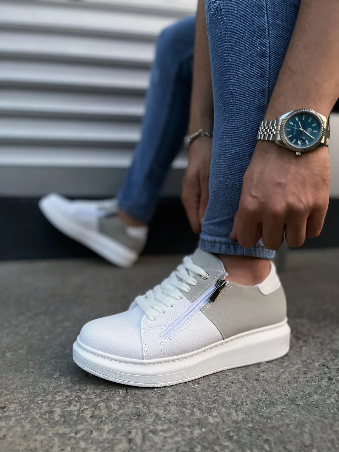 Joy Man JY155 Warrior Bağcıklı Fermuarlı Cilt Süet Erkek Sneaker Ayakkabı Beyaz Gri