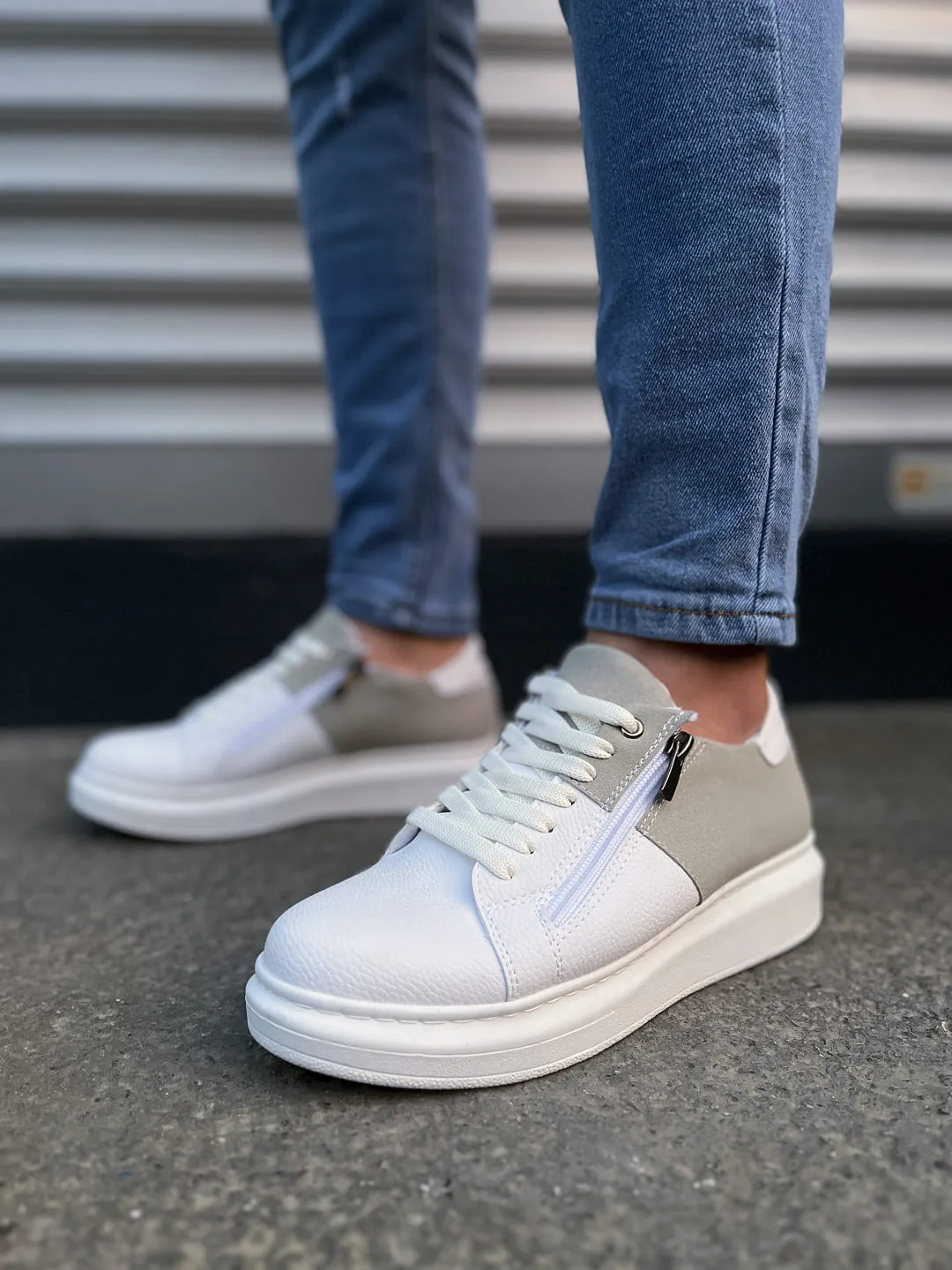 Joy Man JY155 Warrior Bağcıklı Fermuarlı Cilt Süet Erkek Sneaker Ayakkabı Beyaz Gri