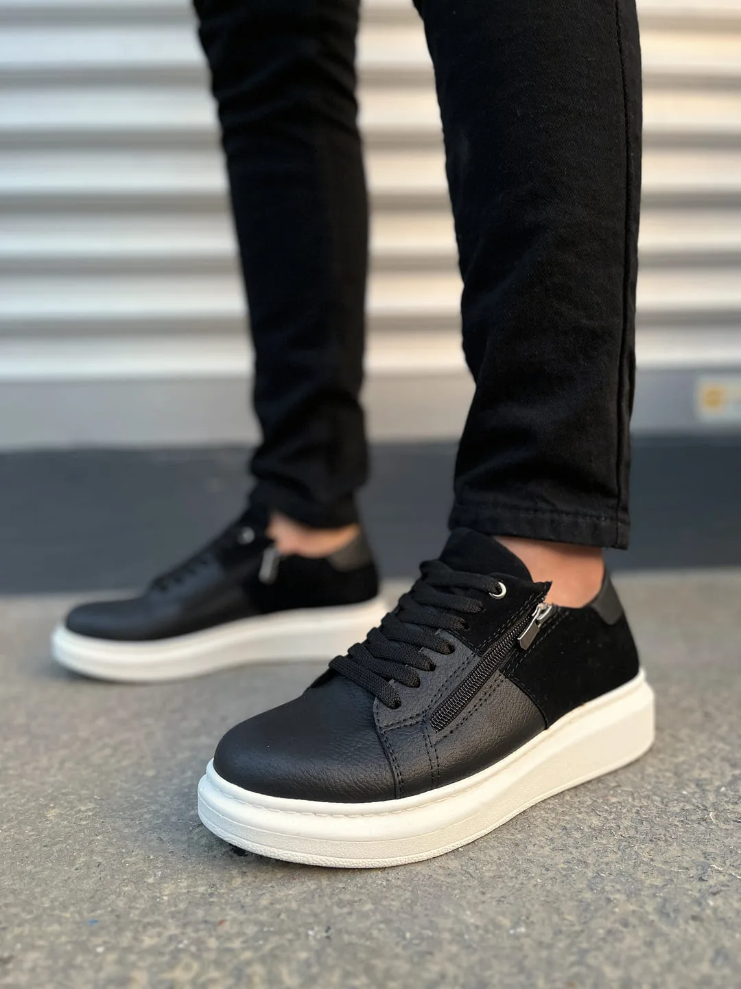 Joy Man JY155 Warrior Bağcıklı Fermuarlı Cilt Süet Erkek Sneaker Siyah