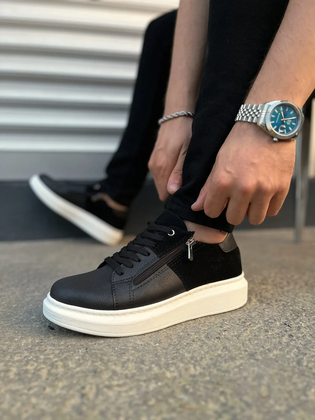 Joy Man JY155 Warrior Bağcıklı Fermuarlı Cilt Süet Erkek Sneaker Siyah