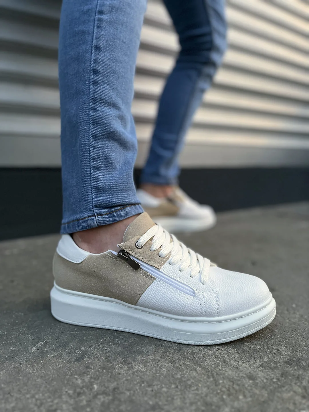 Joy Man JY155 Warrior Bağcıklı Fermuarlı Erkek Sneaker Beyaz Krem