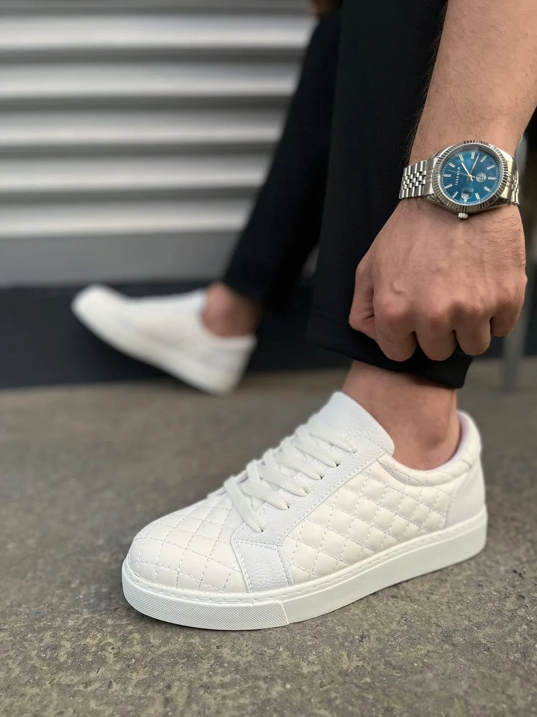 Joy Man JY166 Prestige Bağcıklı Cilt Kapitone Desenli Erkek Günlük Sneaker Beyaz