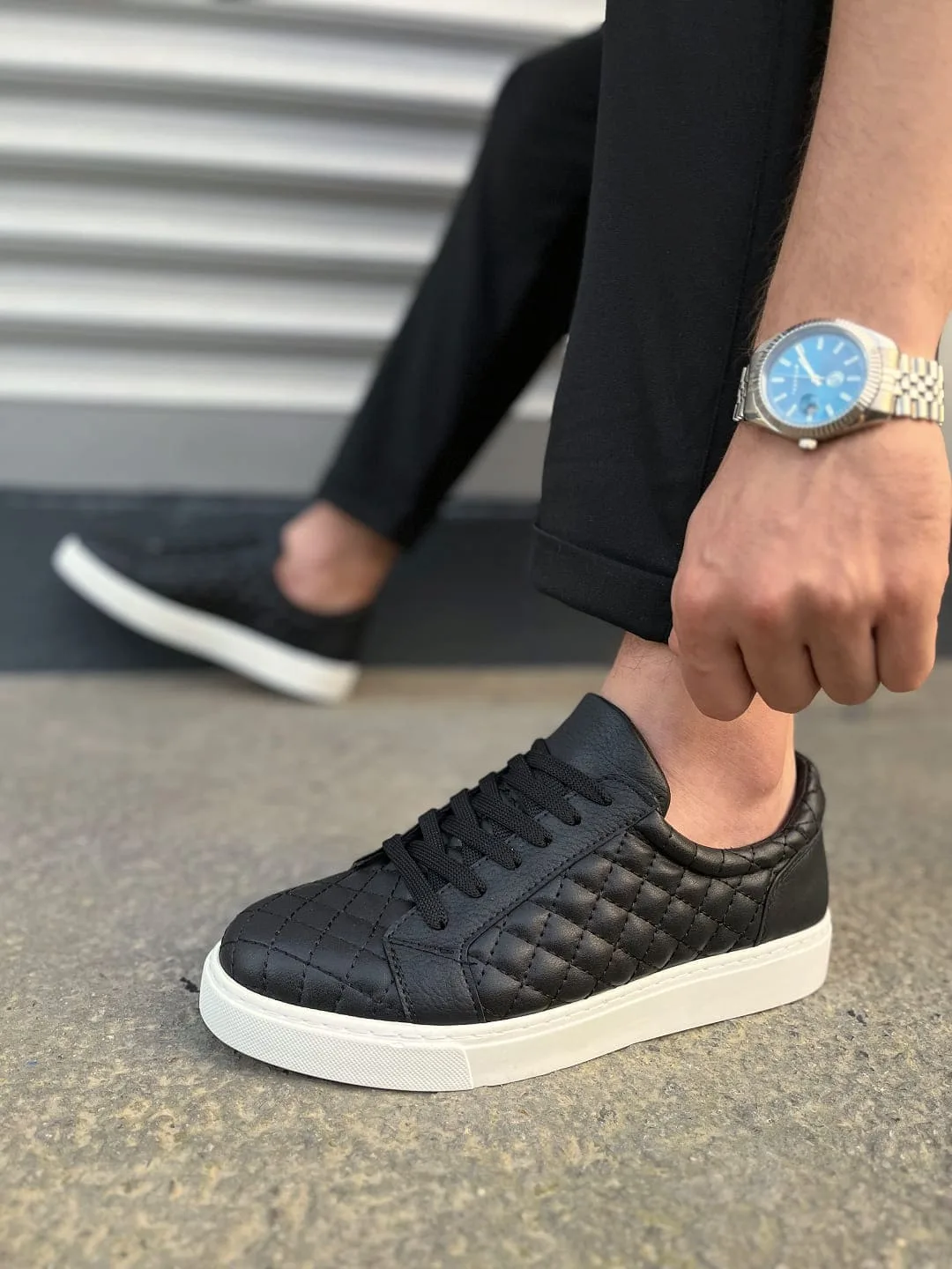 Joy Man JY166 Prestige Bağcıklı Cilt Kapitone Desenli Erkek Sneaker Siyah-Beyaz