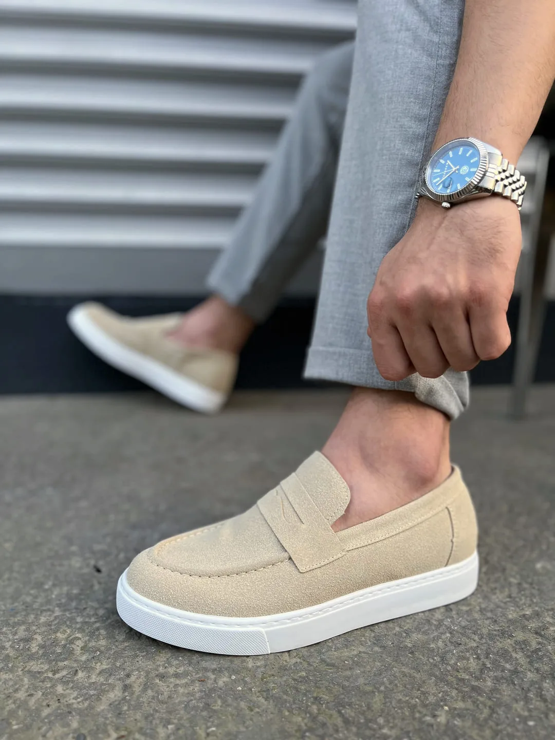 Joy Man JY180 Estilo X Bağcıksız Süet Erkek Günlük Klasik Ayakkabı Krem