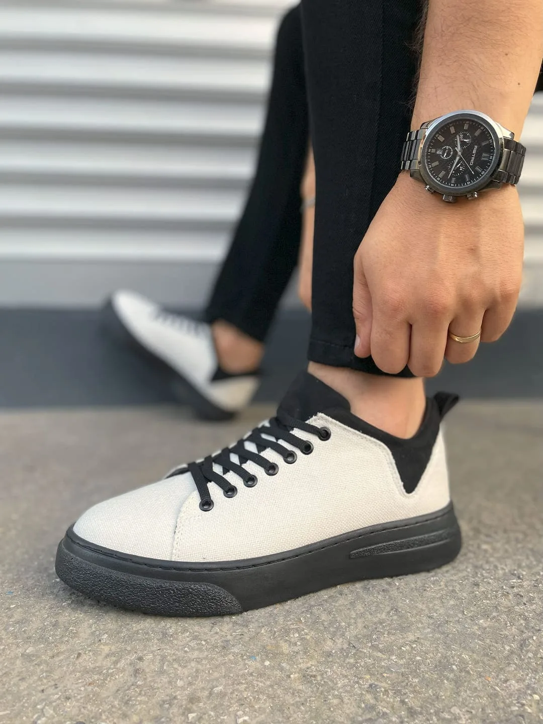Joy Man JY204 Flex Bağcıklı Keten Kumaş Erkek Günlük Sneaker Ayakkabı Beyaz Siyah