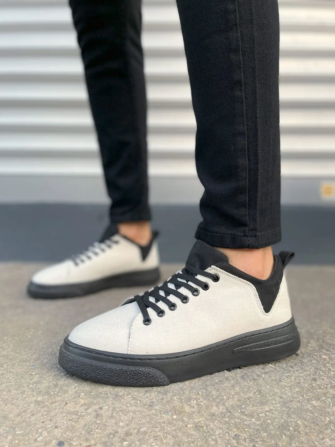 Joy Man JY204 Flex Bağcıklı Keten Kumaş Erkek Günlük Sneaker Ayakkabı Beyaz Siyah