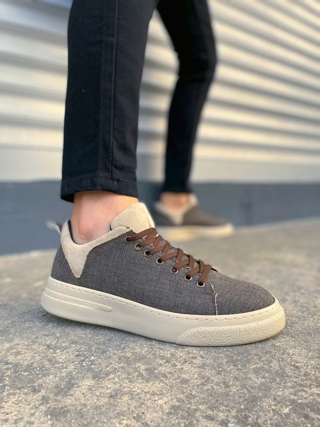 Joy Man JY204 Flex Bağcıklı Keten Kumaş Erkek Günlük Sneaker Ayakkabı Kahverengi Krem