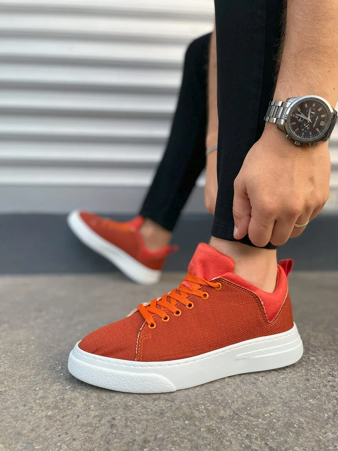 Joy Man JY204 Flex Bağcıklı Keten Kumaş Erkek Günlük Sneaker Ayakkabı Turuncu