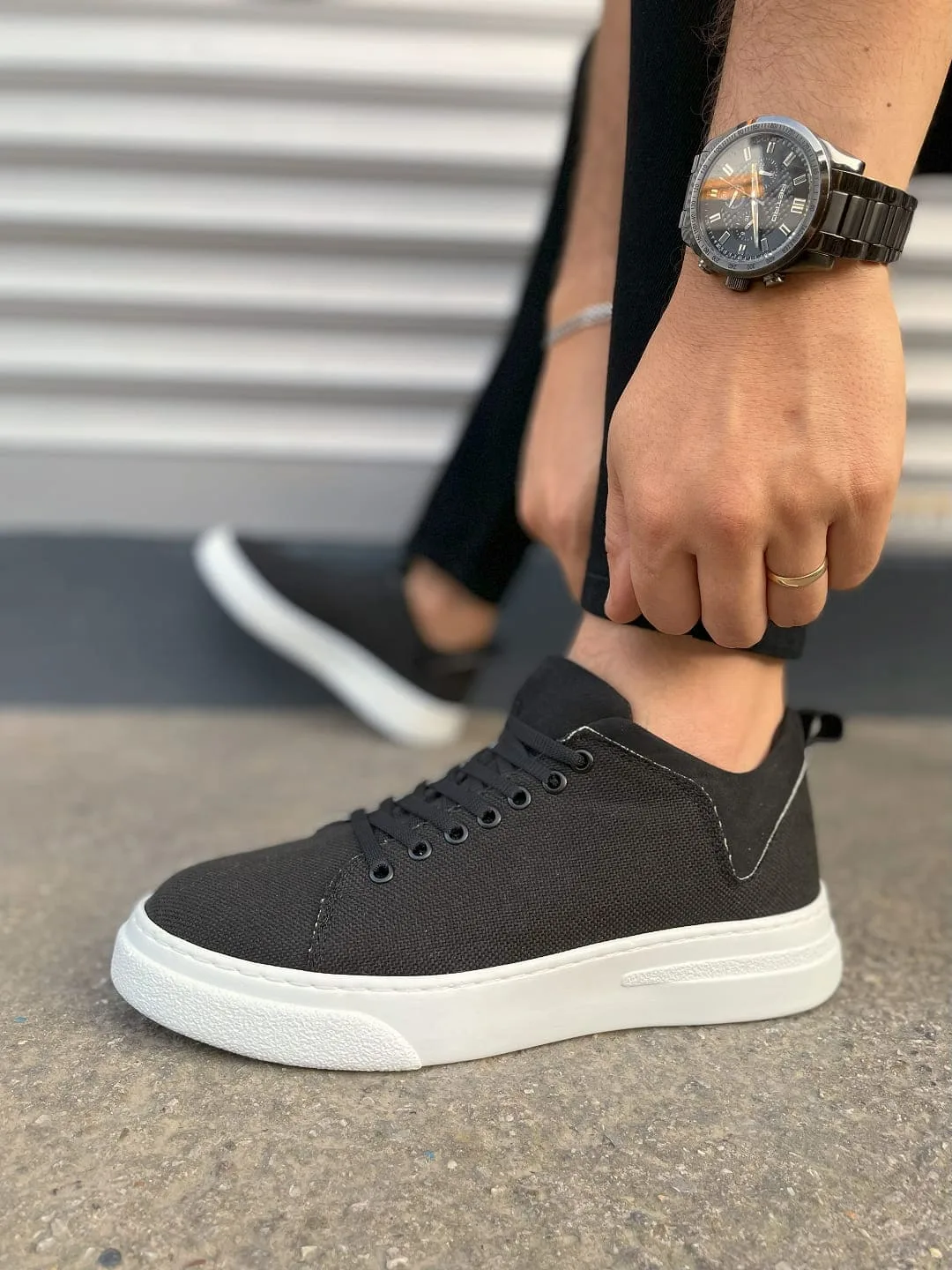 Joy Man JY204 Flex Bağcıklı Keten Kumaş Erkek Günlük Sneaker Siyah-Beyaz
