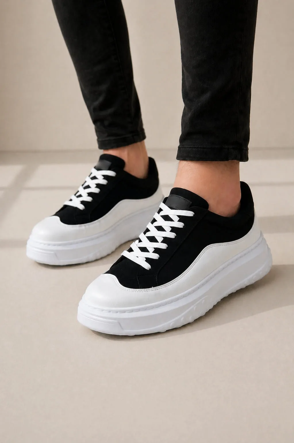 Joy Man JY507 Dara Bağcıklı Süet Cilt Erkek Günlük Sneaker Ayakkabı Siyah Beyaz