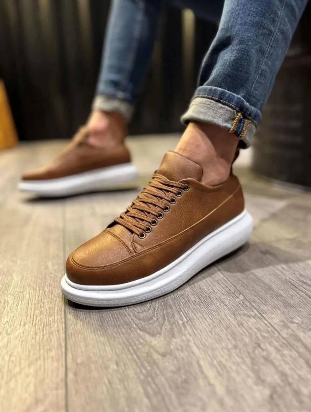 Joy Man JY914 Drake Bağcıklı Cilt Erkek Günlük Sneaker Ayakkabı Taba Beyaz